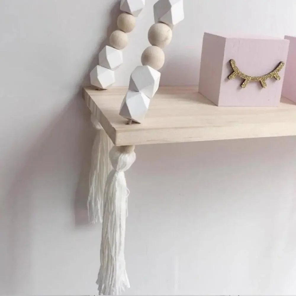 Nordic Wood Hanging Shelf with Beads & Tassels | Floating Wall Storage | New